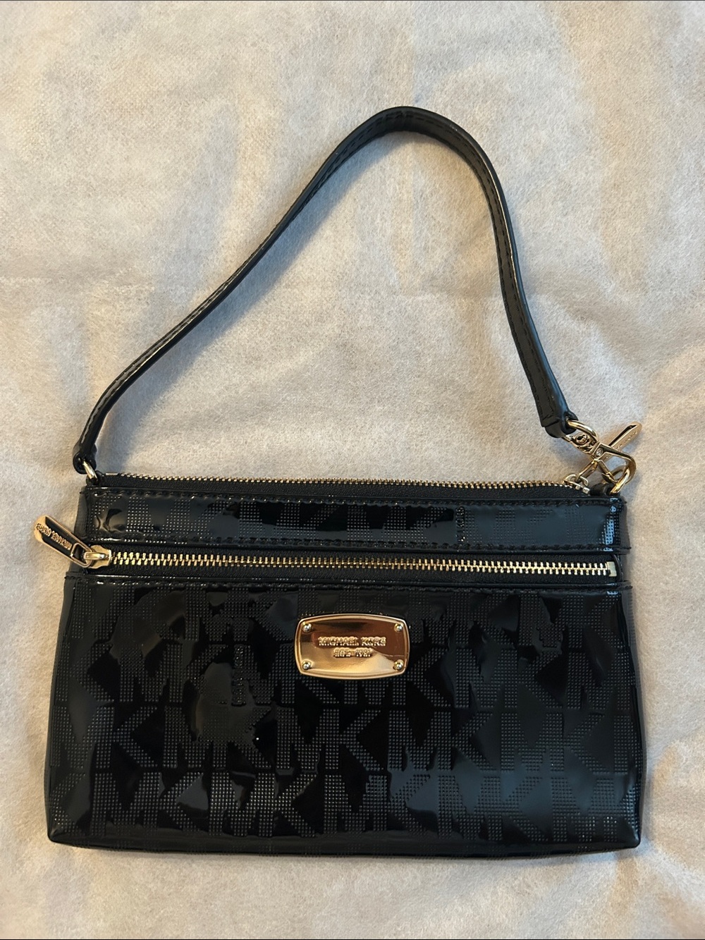 Michael Kors Black Patent Logo Wristlet with Gold Hardware